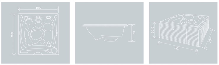 Medidas Jacuzzi Spa ASTON con y sin mueble Croquis con las medidas del Jacuzzi Spa ASTON. Largo, ancho y alto.