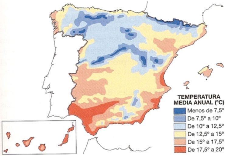 Mapa de España representando las distintas temperaturas medias anuales mediante zonas coloreadas. Mapa de España con zonas coloreadas mostrando las distintas temperaturas medias anuales, desde menos de 7ºC como en León o la Sierra de Madrid, a más de 20ºC como en Cádiz, Sevilla o Valencia.