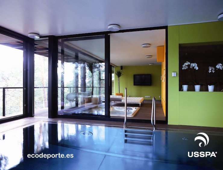 USSPA modelo DRACO, acabado Gypsum Foto de conjunto de piscina climatizada y jacuzzi empotrado