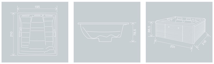 Medidas Jacuzzi Spa PERSEA con y sin mueble Croquis con las medidas del Jacuzzi Spa PERSEA. Largo, ancho y alto.