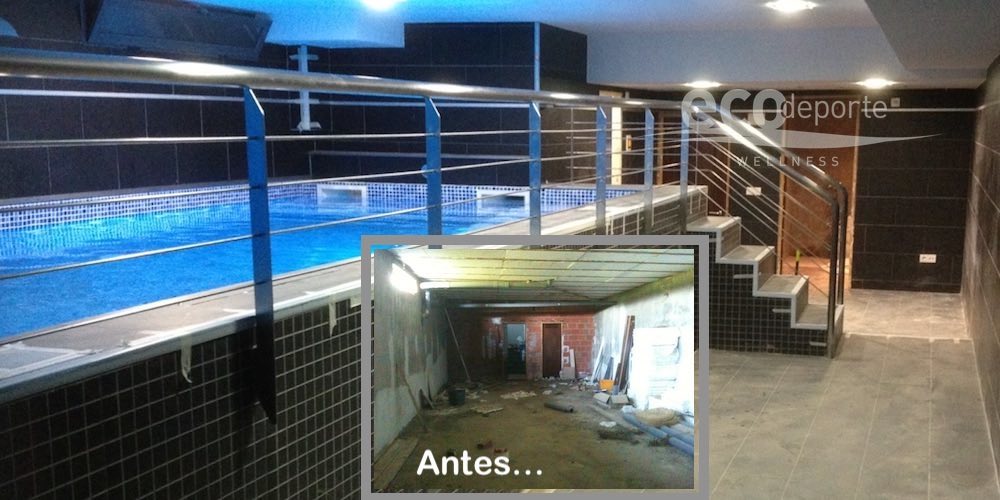 Casi terminado, a falta de algunos retoques de acabado y de la limpieza general de la obra Interior del sótano con la piscina climatizada de nueva ejecución, y una vista reducida del estado inicial