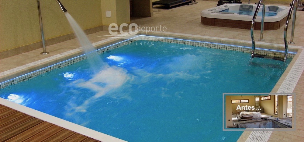 Jacuzzi interior de lujo con piscina Piscina interior pequeña con cañón, natación contracorriente e iluminación por fibra óptica, y jacuzzi de lujo