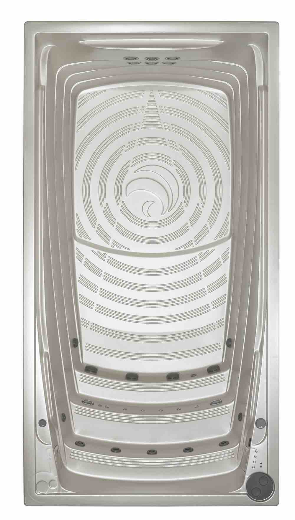Swim Spa privado para los espacios pequeños. Toda la potencia que deseas en solo 4,50 m de largo Vista cenital del Swim Spa pequeño modelo M vacío, color de acabado White Pearl.