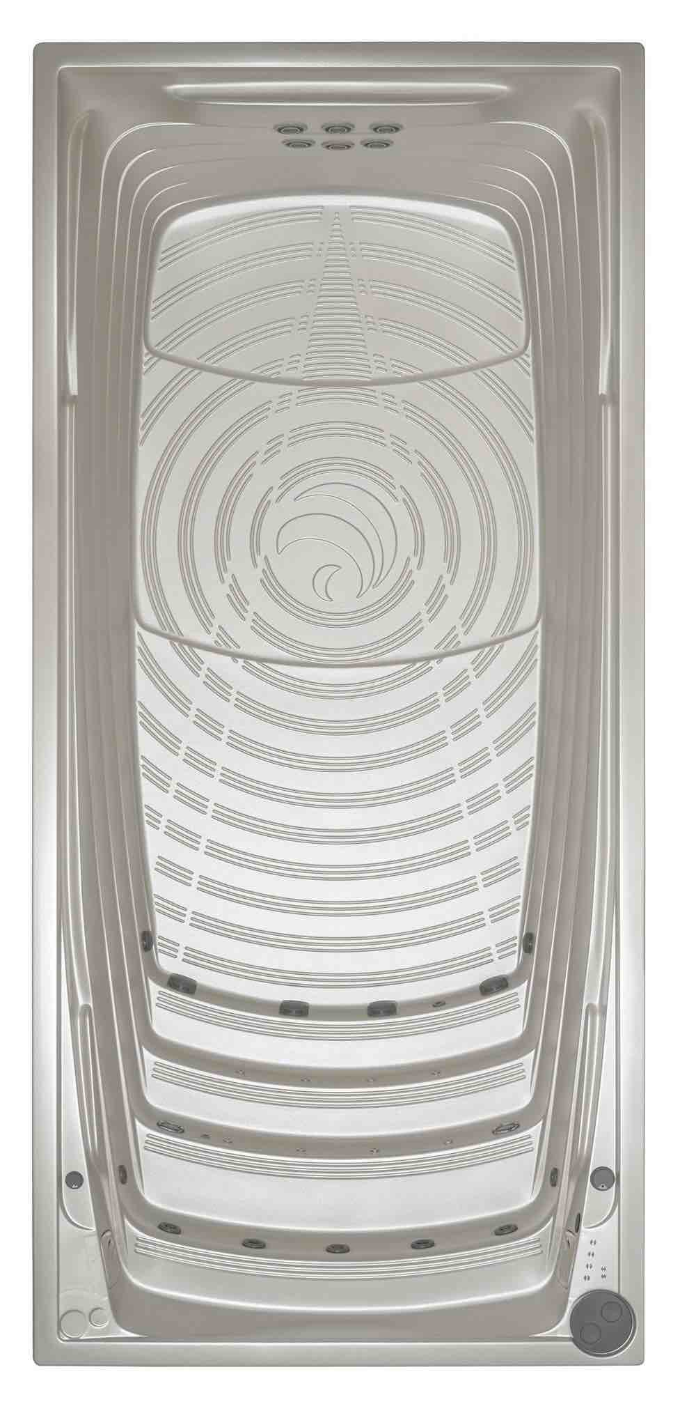 Swim Spa modelo XL, la piscina termal grande. Con una cómoda escalera para acceder con seguridad. Vista cenital del Swim Spa modelo XL vacío, color de acabado White Pearl.
