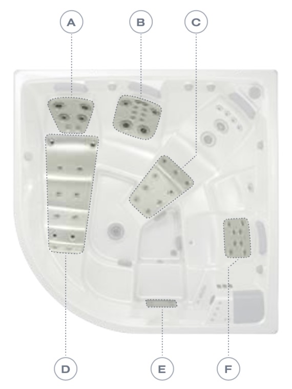 Situación de la hidroterapia avanzada en el spa TAURUS Foto del interior del jacuzzi spa TAURUS destacando las posiciones avanzadas de hidroterapia