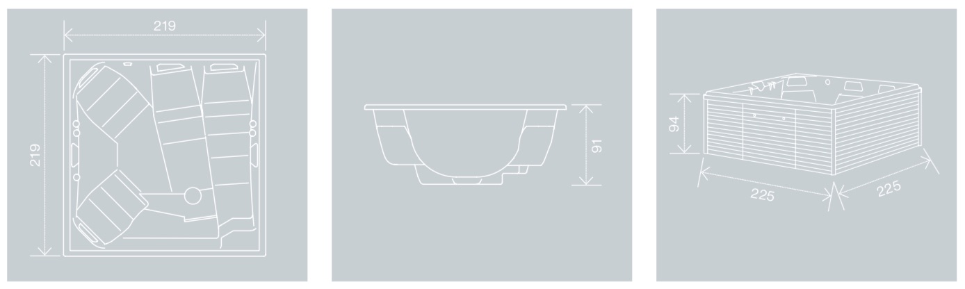 Medidas Jacuzzi spa VIRGO con y sin mueble Croquis con las medidas del Jacuzzi spa VIRGO. Largo, ancho y alto.